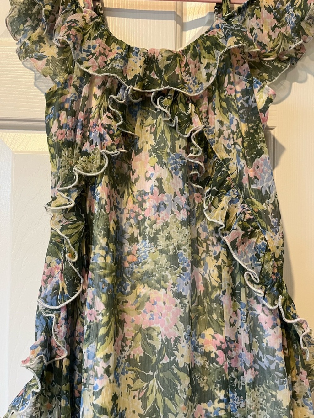 Abercrombie Kids Olive Green Floral Ruffle Dress with Pink & Blue Accents - Picture 2 of 11